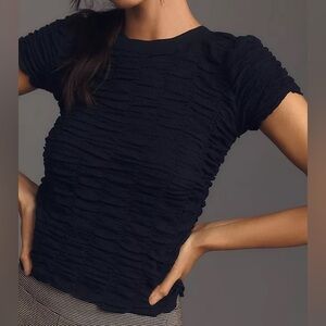 NWT Anthropologie Black Ruched Short Sleeve Top